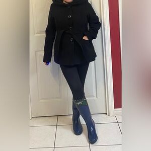 Black Winter Hooded Belted Trench Coat